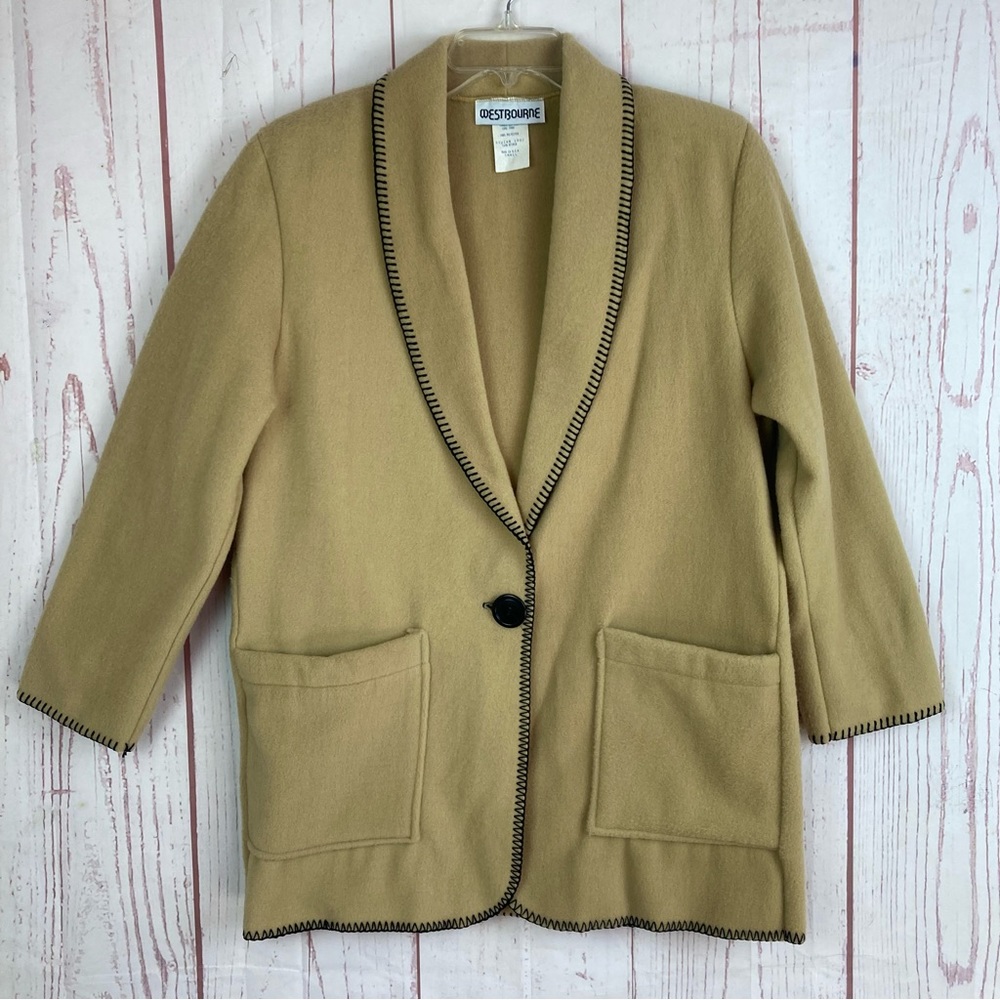 Vintage Westbourne S Small Tan Fleece Single Button Blazer Jacket Pockets USA